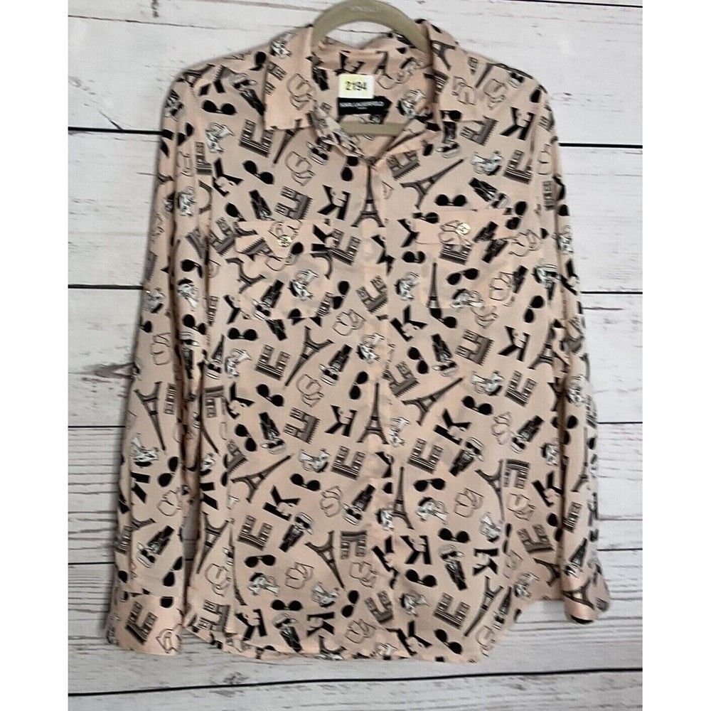 Karl Lagerfeld Cat Paris Eiffel Tower Print Button Up Shirts Blouse Women Size M - Picture 8 of 11